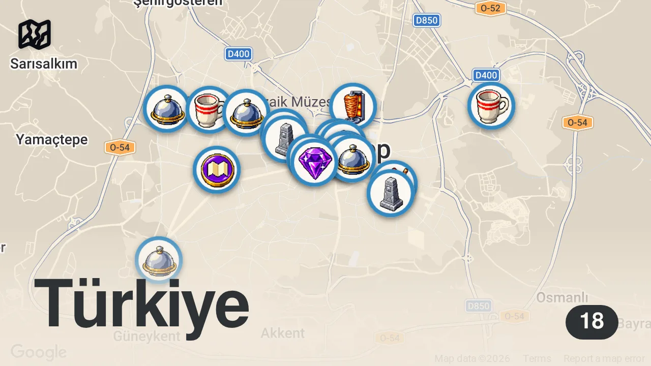 Map of 18 spots from GAZİANTEP FESTİVALİN’DE NELER YENİR!!! DÜNYALARI YEDİM
