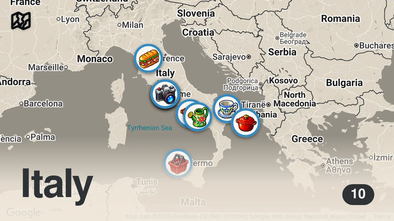 Map of 10 spots from 80 Must Try Italian Foods 🇮🇹 NAPOLI Pizza + FLORENCE Steak + PALERMO Market + MOZZARELLA Factory