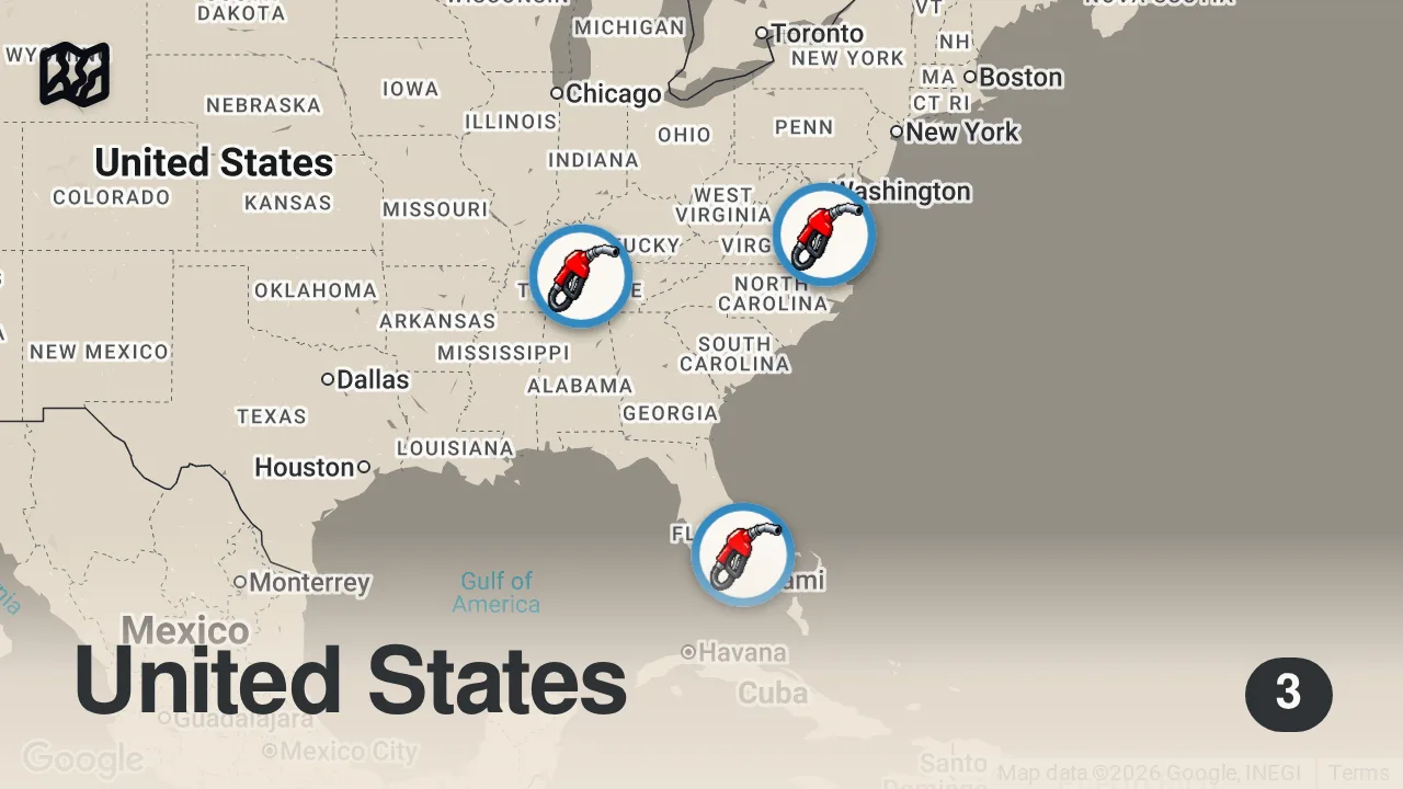 Map of 3 spots from Eating at Gas Stations For 24 Hours (LATIN FOOD ONLY)