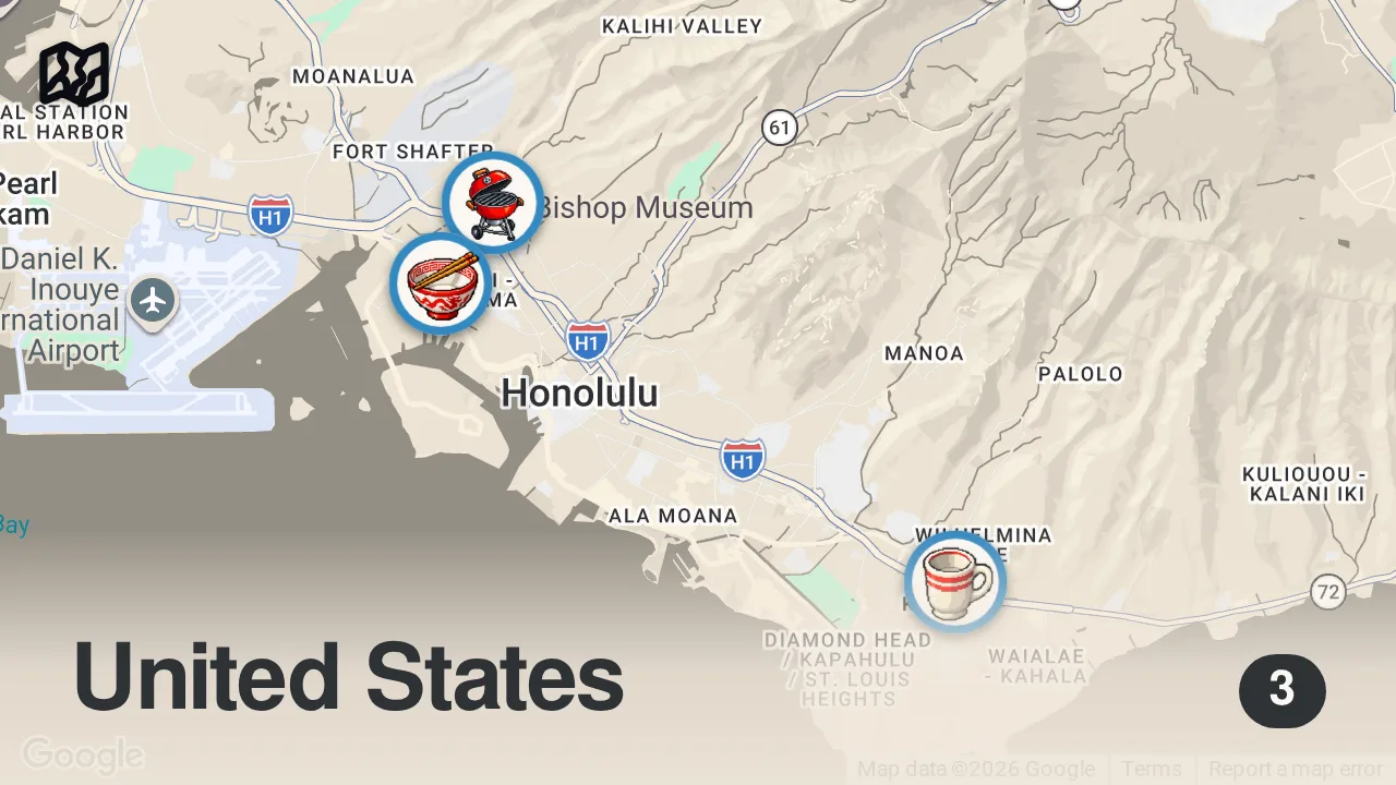 Map of 3 spots from CHEAP EATS in Honolulu! ||  [Oahu, Hawaii] Local Affordable Spots!