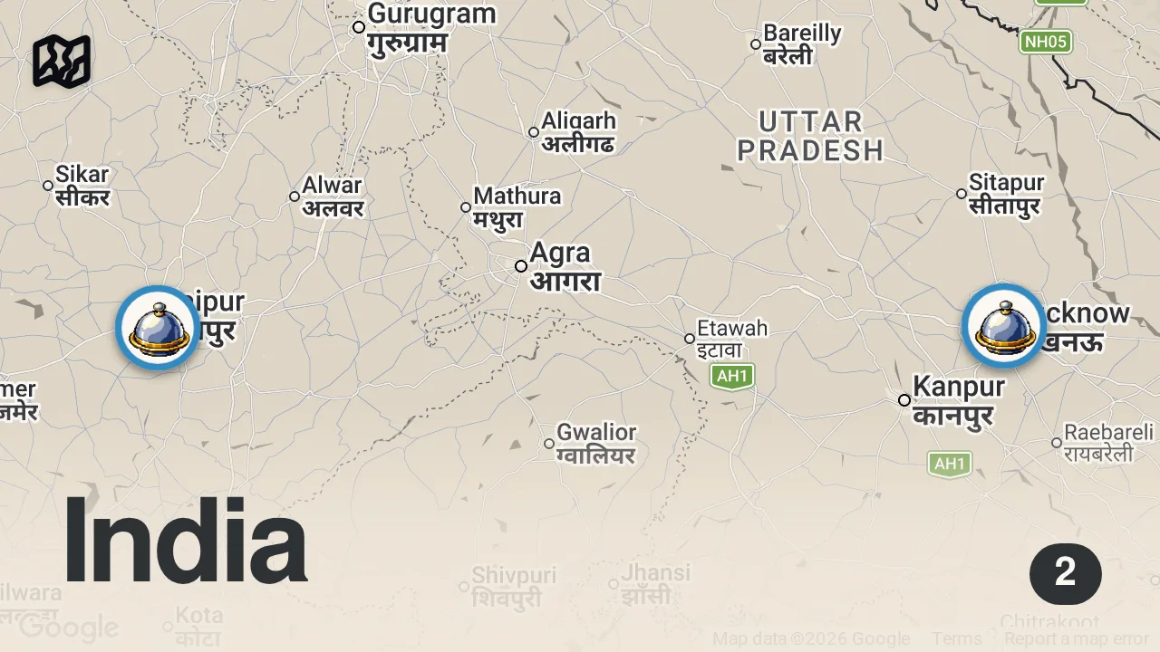 Map of 2 spots from BEST Pizza in Lucknow 🤩 24 Hours Restaurant in Lucknow with Asian Food, Pizza, Coffee & Desserts