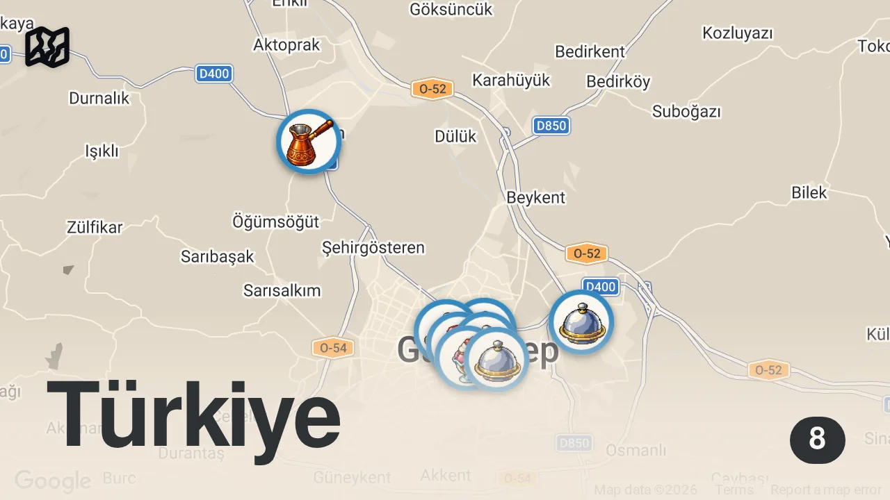 Map of 8 spots from ANTEP’İN EŞSİZ LEZZETLERİ (BÖLÜM 2) Sabah 05:00’te ciğer yedik! - Ayaküstü Lezzetler