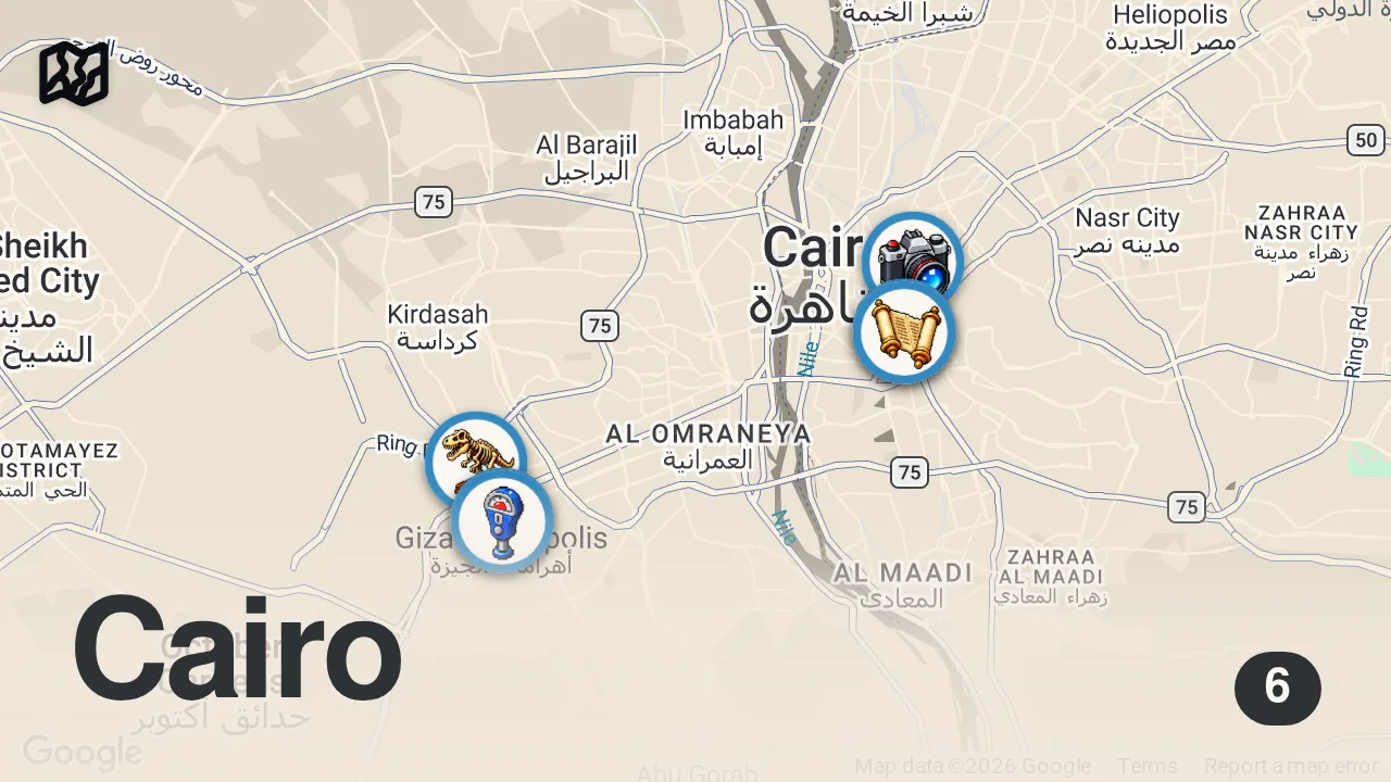 Map of 6 spots from Grand Egyptian Museum Walking Tour 2026 | 4K Cairo Walk