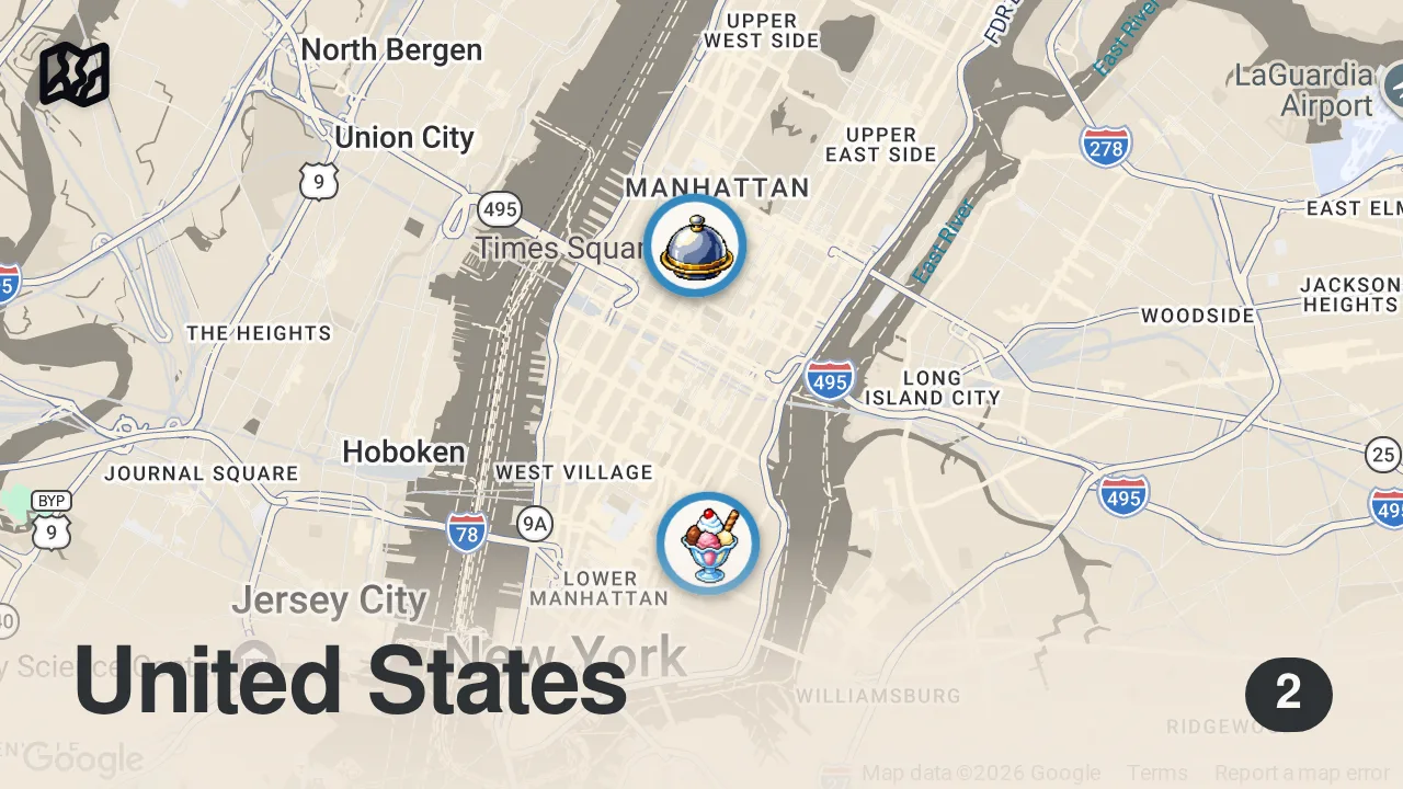 Map of 2 spots from Eating at random strangers FAVORITE RESTAURANTS in NYC #shorts