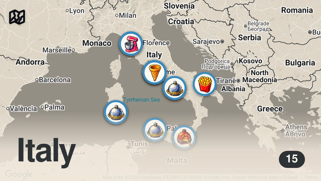 Map of 15 spots from 30 ITALIAN FOODS You Must Try - From Neapolitan Pizza to Sicilian Horse Meat IT