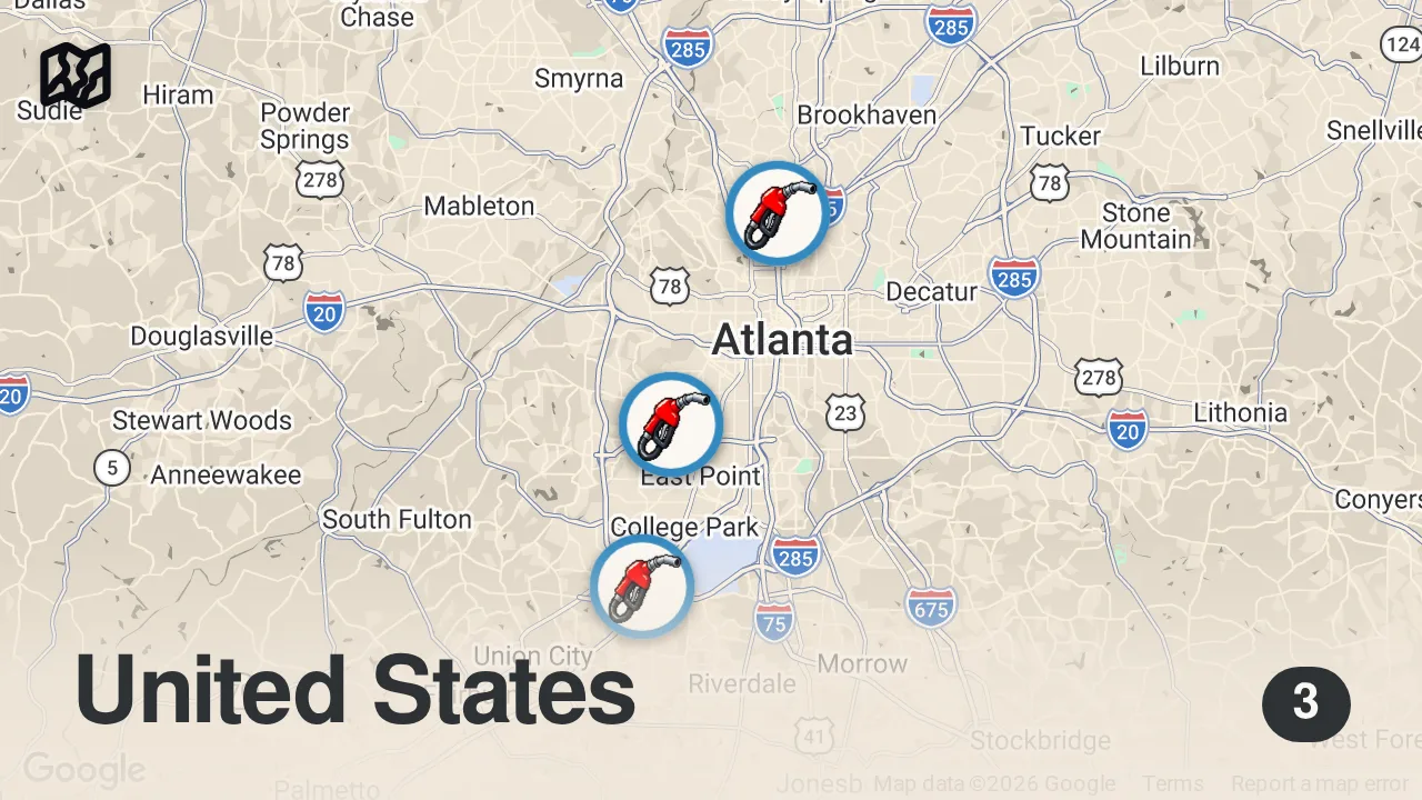 Map of 3 spots from Eating Gas Station Food For 24 Hours in Atlanta