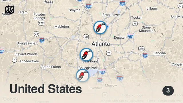 Map of Eating Gas Station Food For 24 Hours in Atlanta