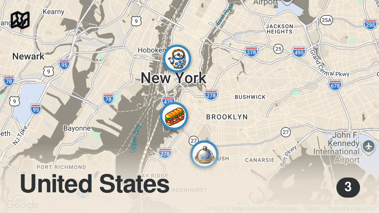 Map of 3 spots from Burger Expert George Motz's Favorite NYC Meals (That Aren't Burgers) — Chef's Day Off