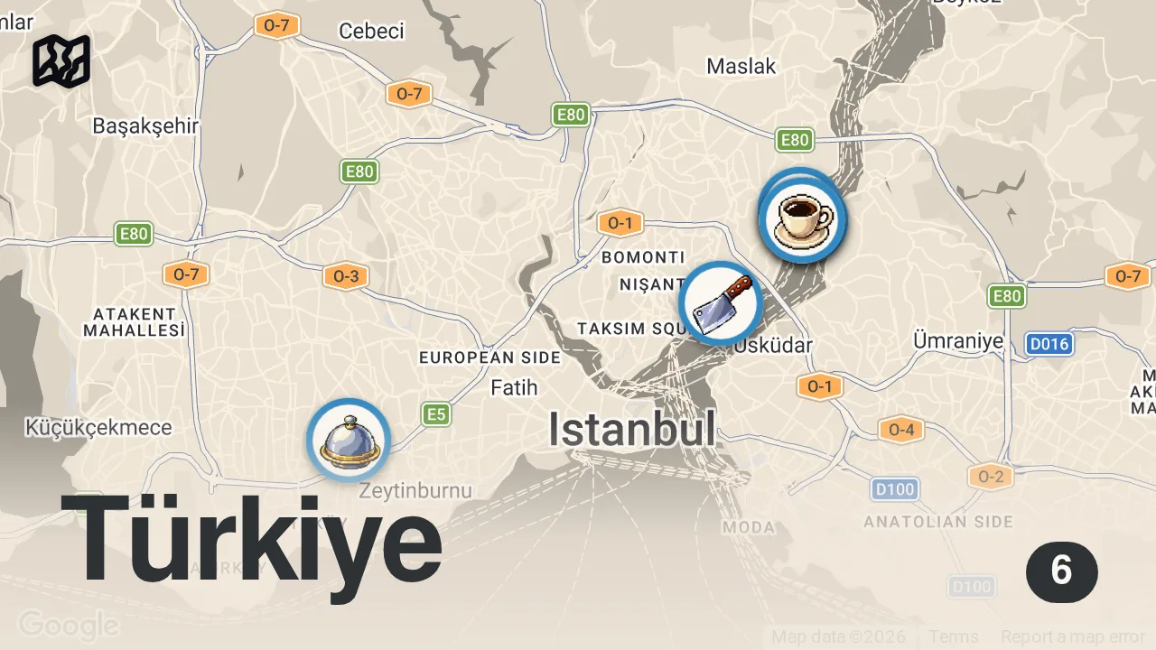 Map of 6 spots from 12 TL'YE MİS GİBİ ÖĞLE YEMEĞİ I ARNAVUTKÖY LEZZET REHBERİ - Ayaküstü Lezzetler