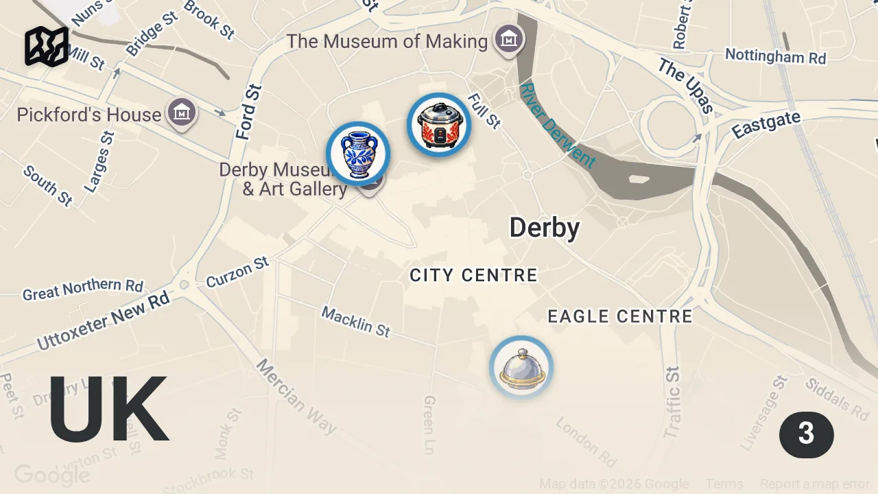 Map of 3 spots from I Ate At Derby’s BEST Food Spots