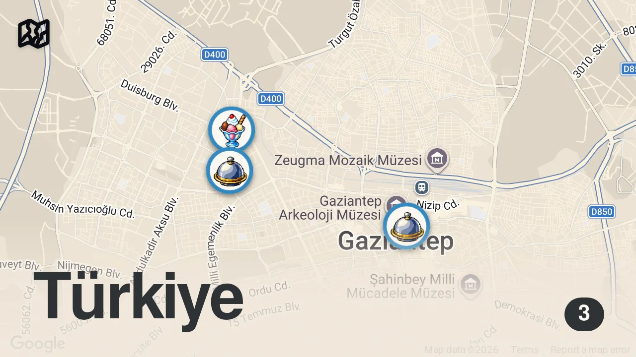 Map of 3 spots from Gaziantep Gece Lezzetleri | Beyran, Künefe, Ciğer Kavurma - Ayaküstü Lezzetler
