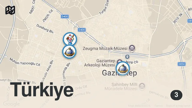 Map of Gaziantep Gece Lezzetleri | Beyran, Künefe, Ciğer Kavurma - Ayaküstü Lezzetler