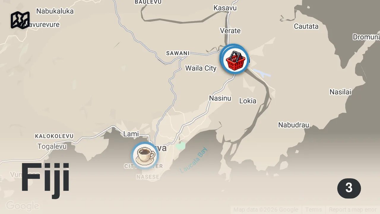 Map of 3 spots from First Time in Fiji ๐ซ๐ฏ FIJIAN STREET FOOD - Taro Leaves, Fish Kokoda + Market Tour!