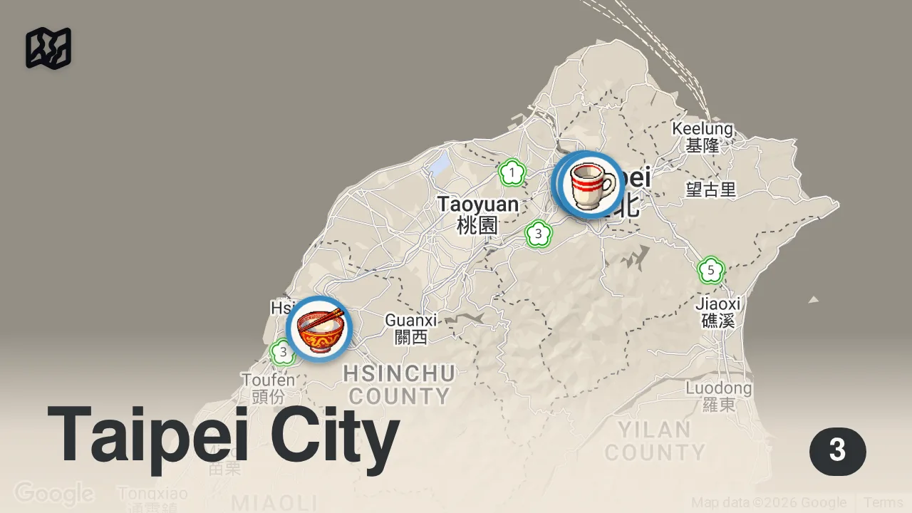 Map of 3 spots from How much I eat in a day to cycle around Taiwan! (a TON)
