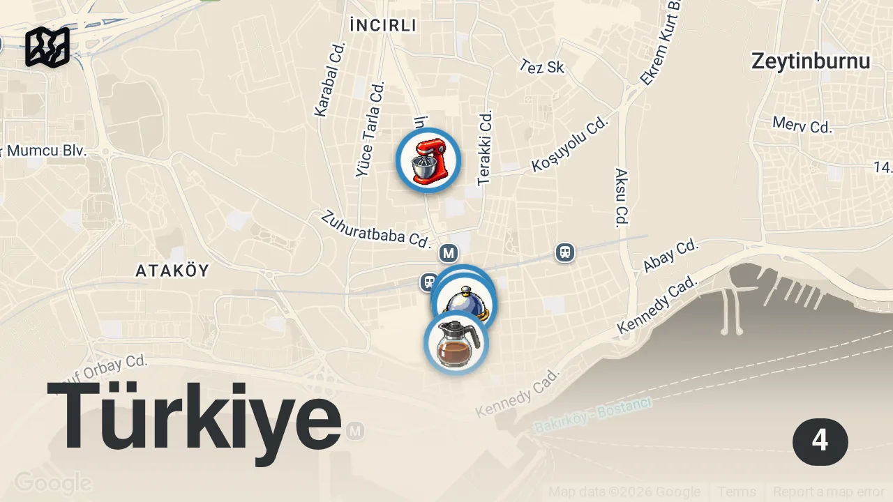 Map of 4 spots from BAKIRKÖY LEZZETLERİ: Tarihi Esnaf Lokantası, Çıtır Lahmacun ve Elmalı Kurabiye | Oğuz Yenihayat