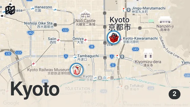 Map of $100 Japanese Street Food Challenge in Kyoto!!