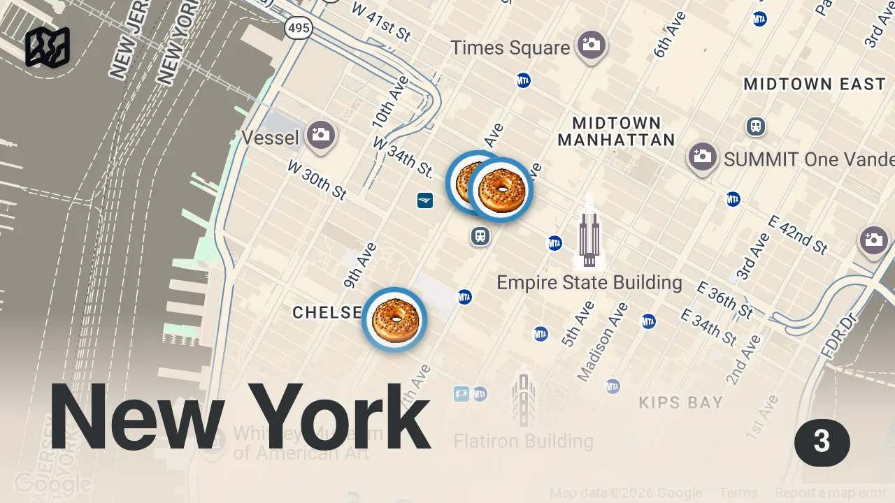 Map of 3 spots from 3 MUST-TRY Bagel Shops in New York City!