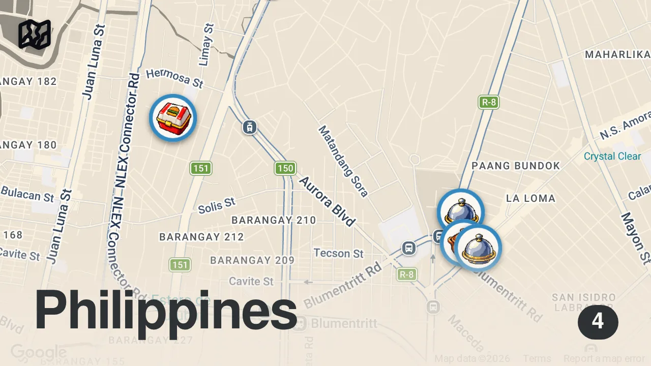 Map of 4 spots from I Only Ate Lechon for 24 Hours in Manila ๐ต๐ญ