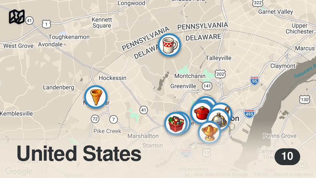 Map of 10 spots from 10 places to eat in Wilmington Delaware