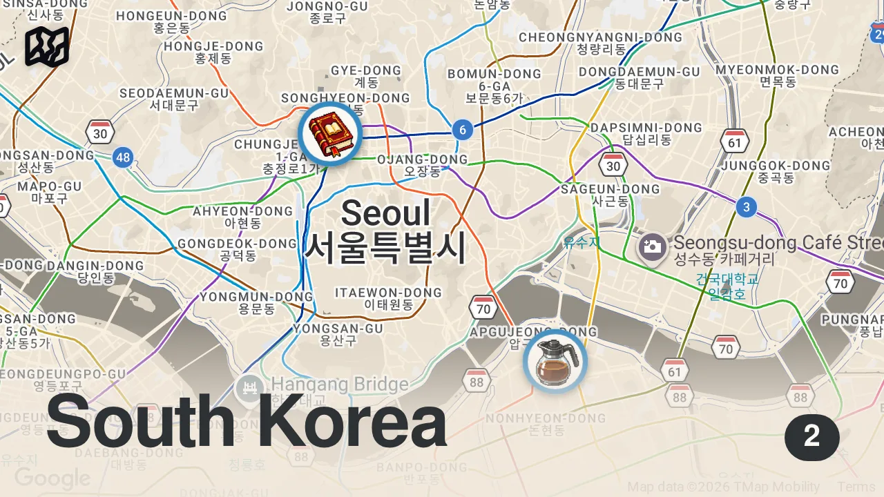 Map of 2 spots from a week in my life in seoul: bookish job, summer heat, & a mini rant
