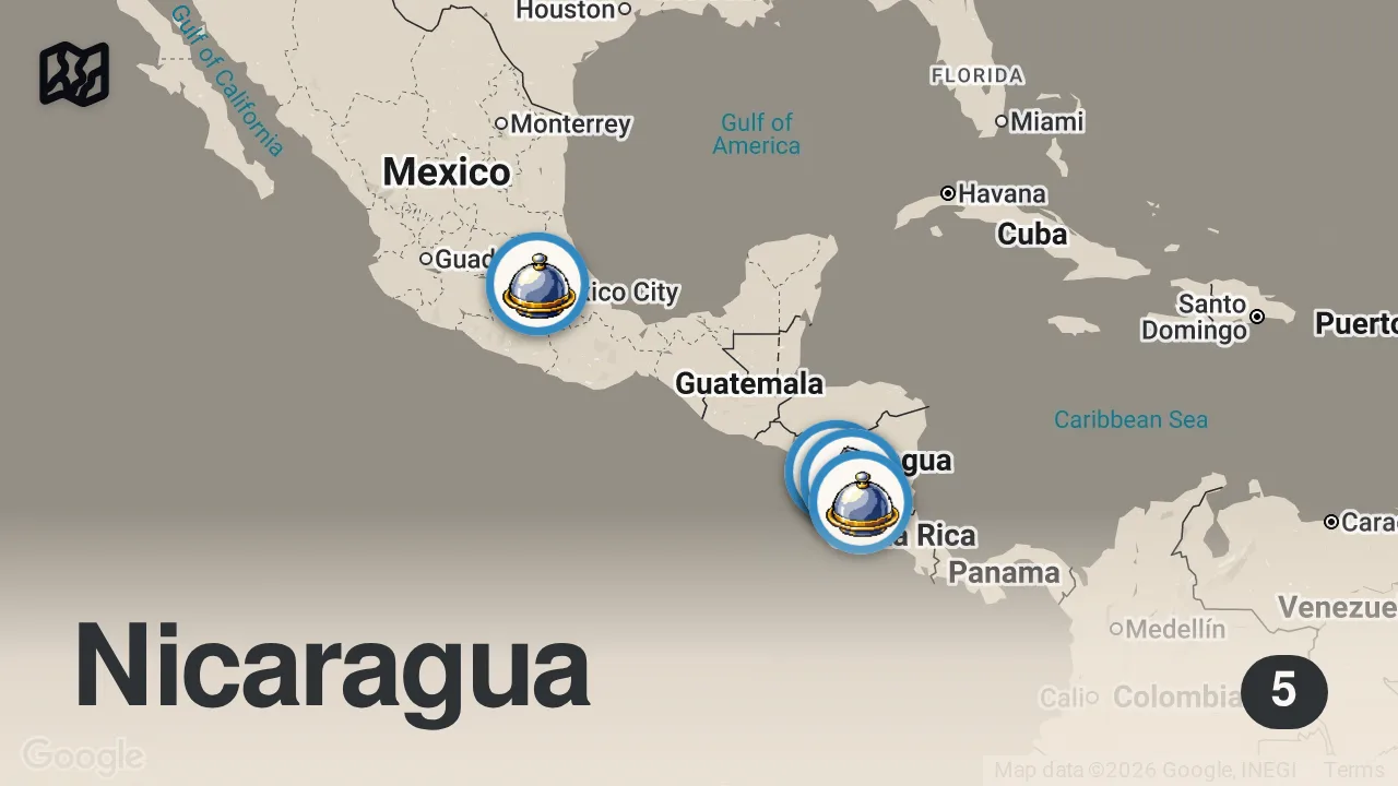 Map of 5 spots from Nicaragua is the Most Underrated Food Country!! 🇳🇮