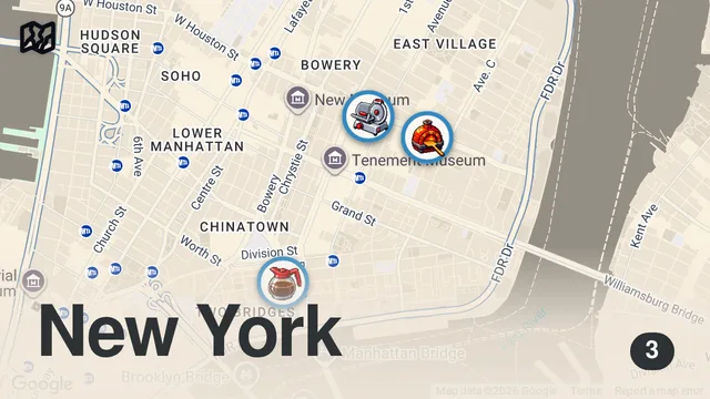 Map of New York City Food Tour (Golden Diner, Katz Deli, Cuts & Slices)