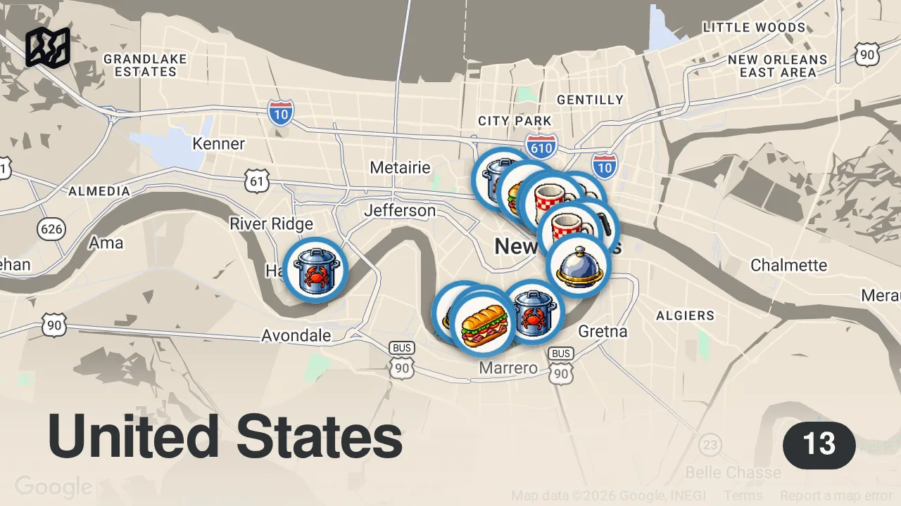 Map of 13 spots from Finding The Best Food In New Orleans | Food Tours Season 7 Marathon | Food Insider