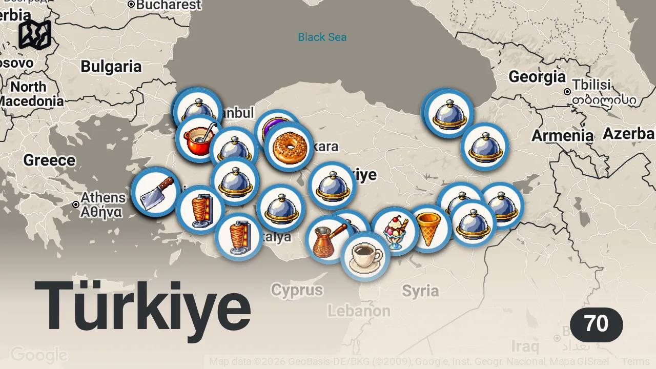 Map of 70 spots from Best TURKISH STREET FOOD Across Turkey 🇹🇷 ADANA Kebab + GAZIANTEP Baklava + ISTANBUL Doner & More