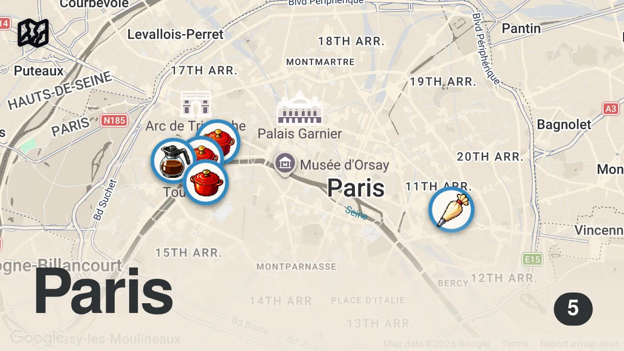 Map of 5 spots from Everything we ate and hoe much it cost in Paris in 36 hours! #parisfood #travelfoodie #paristravel