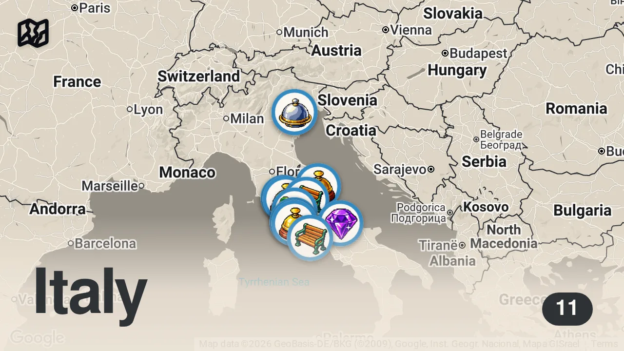 Map of 11 spots from 7 Idee per gite e weekend in Centro Italia
