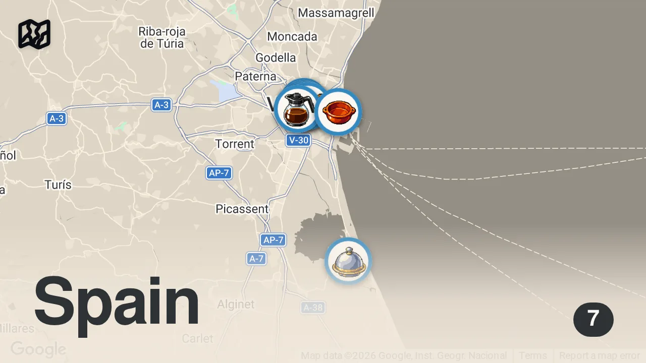 Map of 7 spots from EPIC Valencia Food Tour (Best Paella, Tapas, Markets & More!)