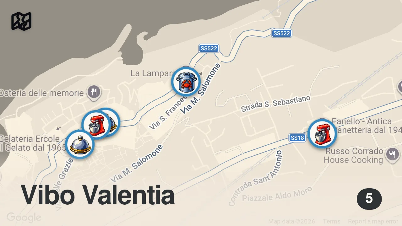 Map of 5 spots from 24H of ITALIAN FOOD in PIZZO - Seafood, Pizza & Calabrian Pasta