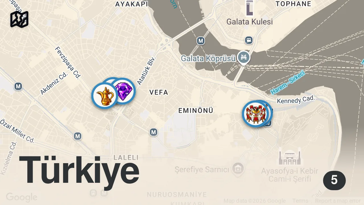 Map of 5 spots from İstanbul Fatih'te Yiyerek Bir Gün Geçirin - Birbirine Yürüme Mesafesindeki 5 Efsane Mekan #shorts