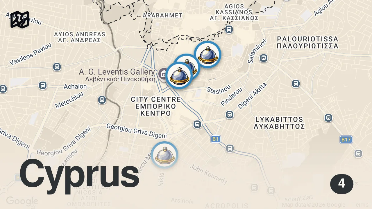 Map of 4 spots from 24 Hours of CYPRIOT FOOD – Can I Survive the Epic MEZE in NICOSIA?!