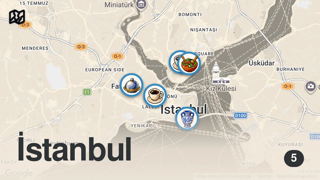 Map of 5 spots from Istanbul is VEGAN-FRIENDLY?! Turkish Food Tour featuring Meze Feast + Ancient Millet Drinks