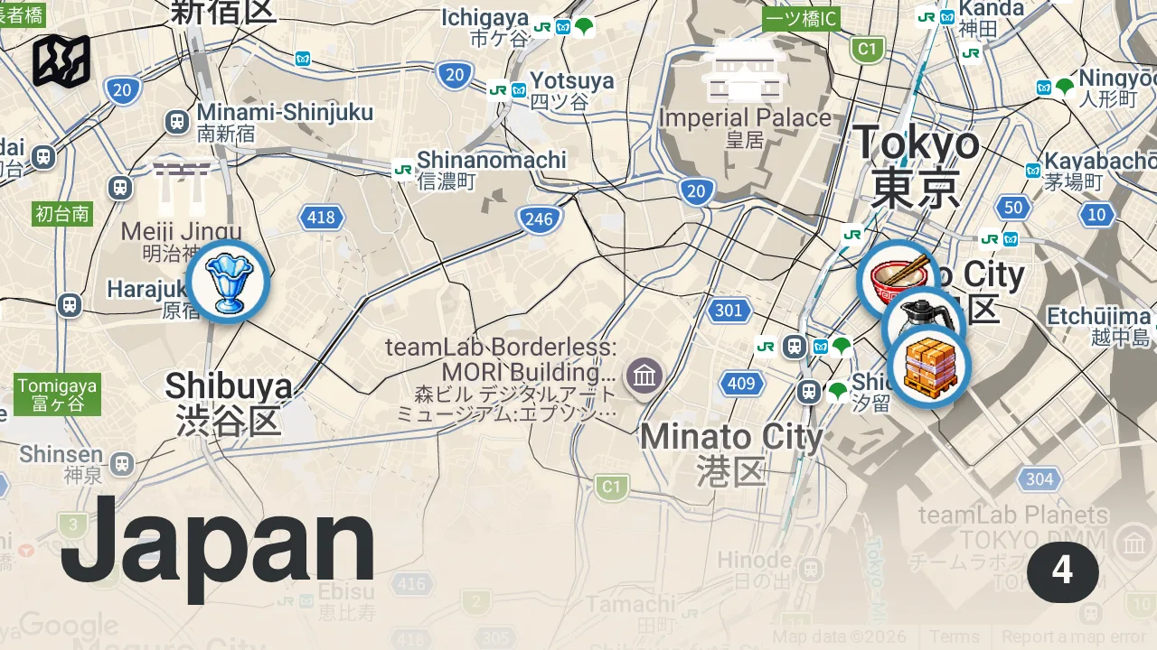 Map of 4 spots from 24H in TOKYO – Incredible JAPANESE Food – Ginza Ramen, Tsukiji Market & Tonkatsu