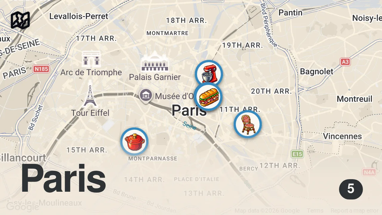 Map of 5 spots from I Ate The Best FRENCH FOOD in Paris for 24 Hours!! 🇫🇷