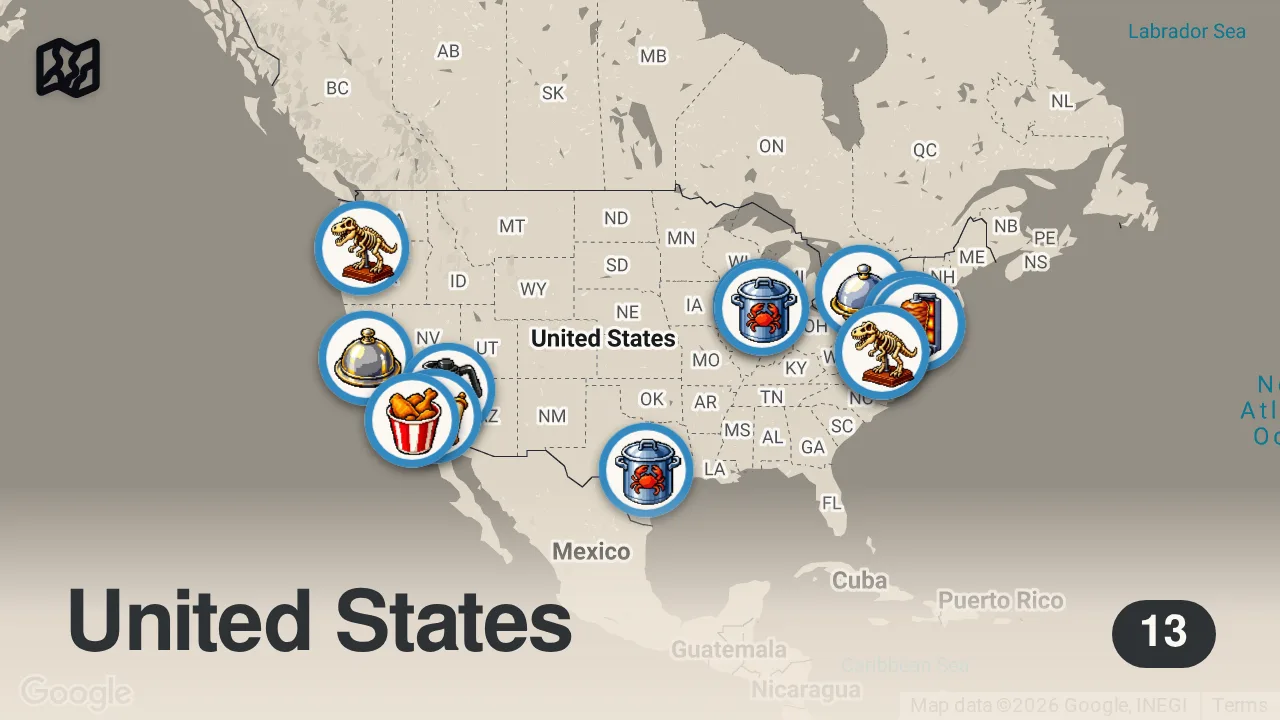 Map of 13 spots from Anthony in the US | Anthony Bourdain: No Reservations | Travel Channel