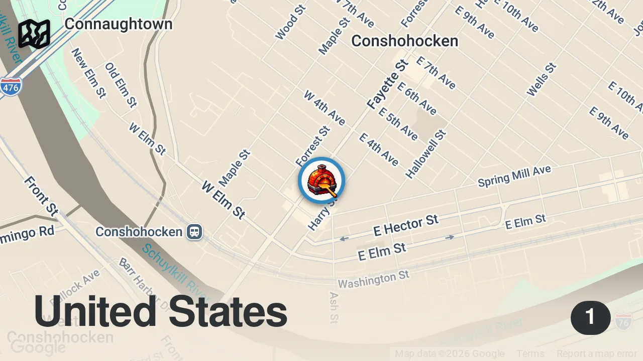 Map of 1 spot from Barstool Pizza Review - Tony & Joe's Pizzeria (Conshohocken, PA)
