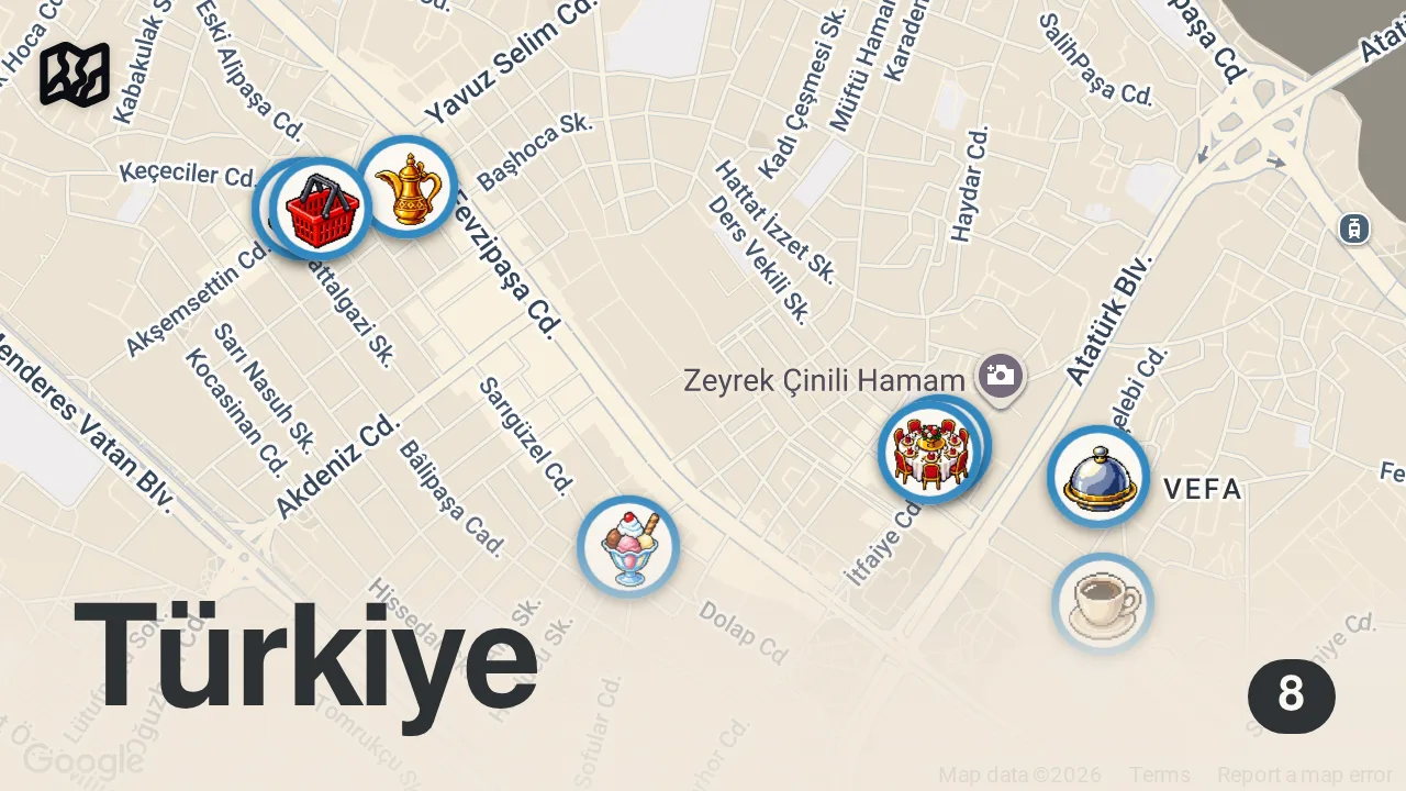 Map of 8 spots from 150 BİN ABONEYE ÖZEL VİDEO (Fatih'te 7 mekanda 15 lezzet tattık) - Ayaküstü Lezzetler