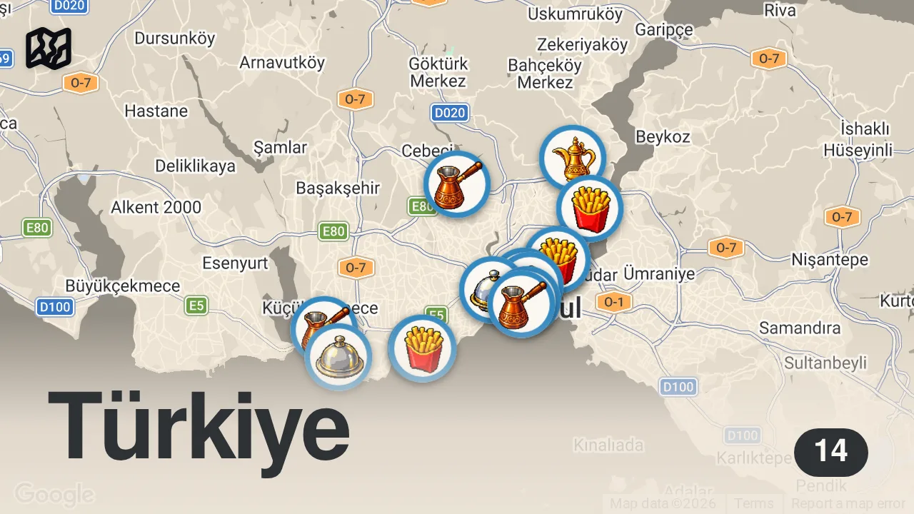 Map of 14 spots from İSTANBUL'UN EN İYİ DÖNERLERİ (En ucuzu 35 TL - En pahalısı 170 TL) - Ayaküstü Lezzetler