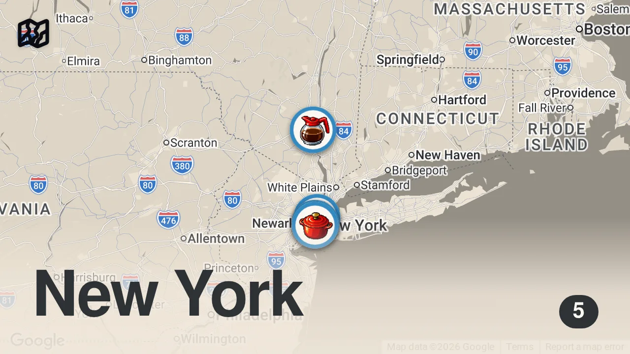 Map of 5 spots from CIBI DA MANGIARE PRIMA DI MORIRE EP.1 - NEW YORK