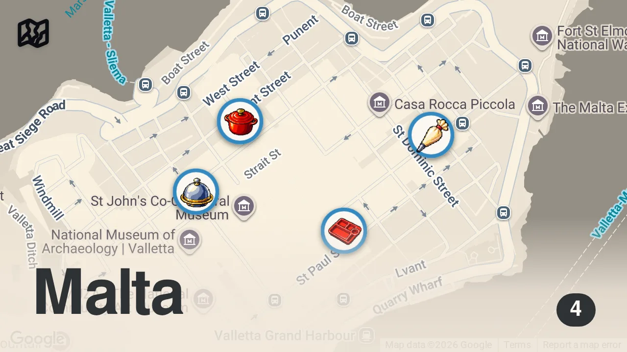 Map of 4 spots from 24 Hours FOOD TOUR Of VALLETTA - Street Food In Malta