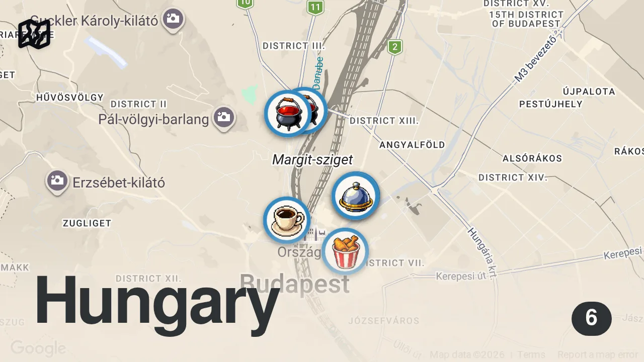 Map of 6 spots from 24 Hours BUDAPEST FOOD TOUR!! (14 dishes in one day)