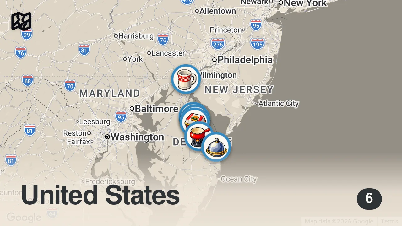 Map of 6 spots from 8 Best Restaurants in Delaware (2024 Edition)