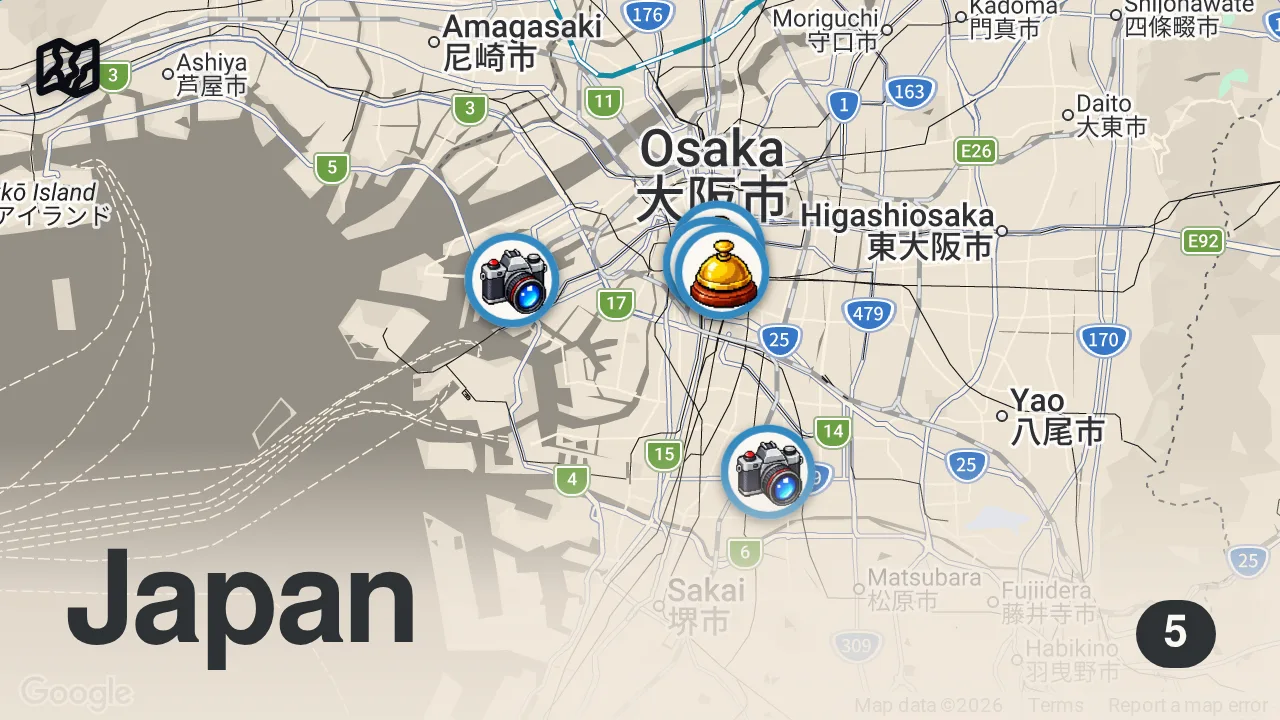 Map of 5 spots from How to Spend 4 Days in Osaka - A Travel Itinerary