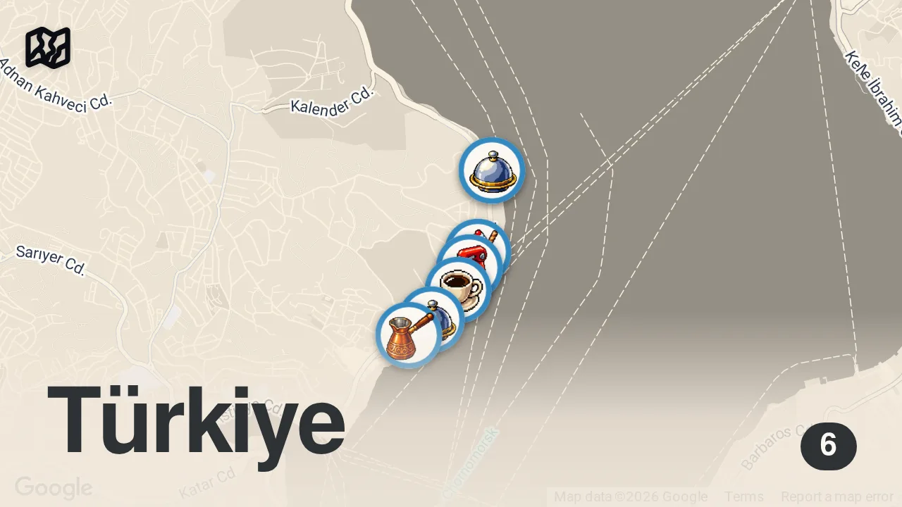 Map of 6 spots from Boğaz'da 20 TL'ye balık yedik I YENİKÖY LEZZET REHBERİ