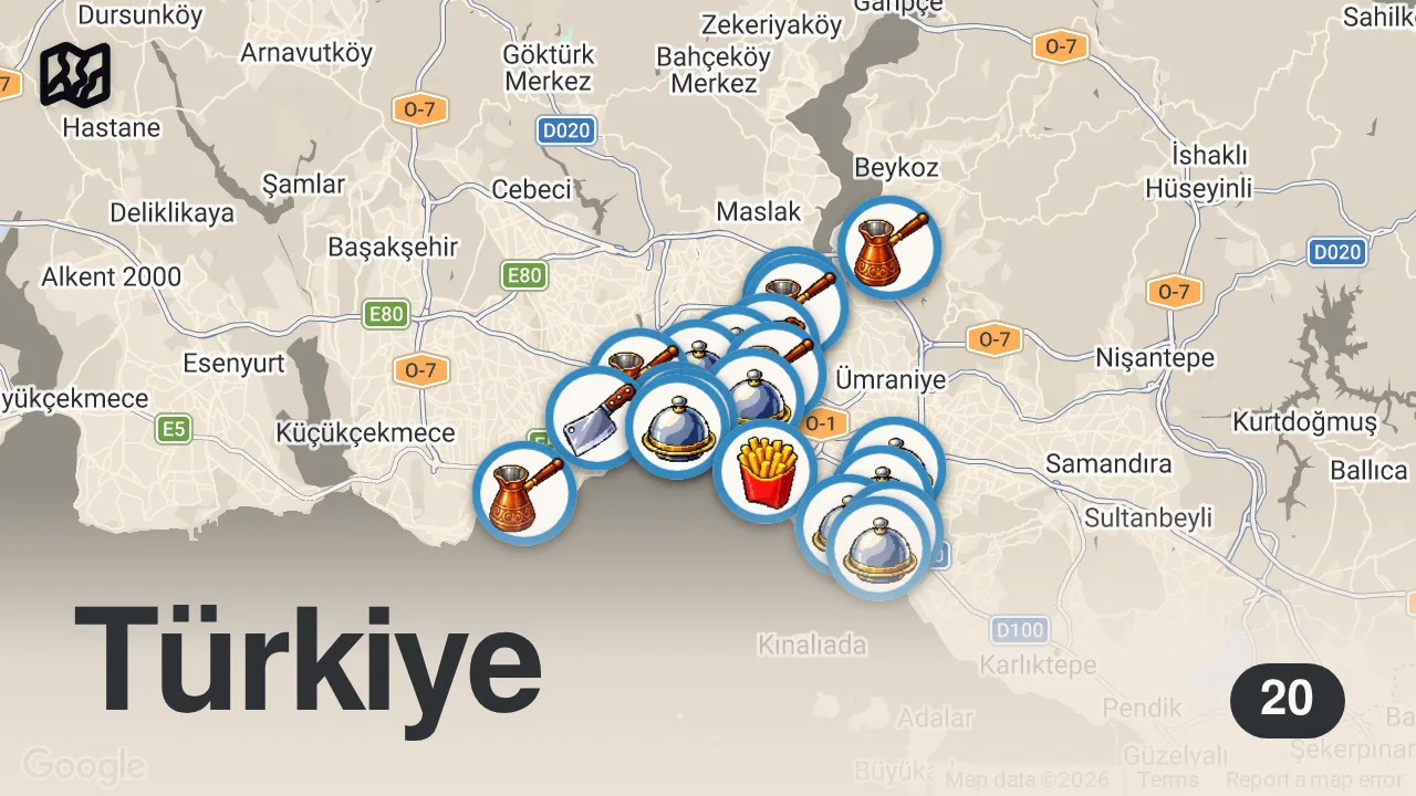 Map of 20 spots from İSTANBUL'UN EN İYİ KÖFTELERİ (Lezzetli köftenin 20 adresi) - Ayaküstü Lezzetler