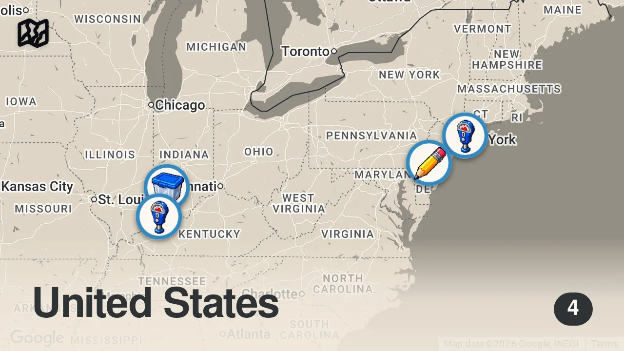 Map of 4 spots from Haunted Historic Homes | Ghost Hunters | Travel Channel