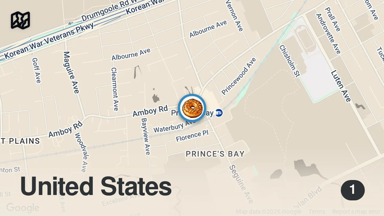 Map of 1 spot from HOT HONEY BACON EGG & CHEESE FRENCH TOAST BAGEL at The Bagel Box on Staten Island NYC! #DEVOURPOWER